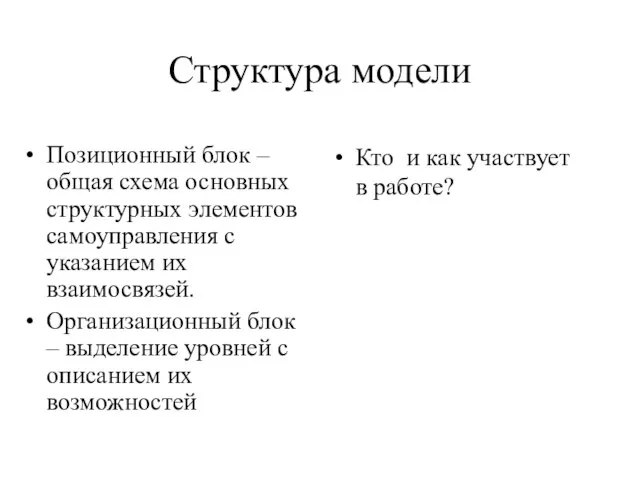 Структура модели Позиционный блок – общая схема основных структурных элементов самоуправления с