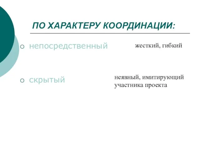 ПО ХАРАКТЕРУ КООРДИНАЦИИ: непосредственный скрытый жесткий, гибкий неявный, имитирующий участника проекта