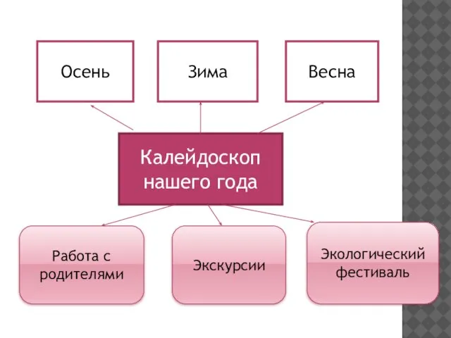 Калейдоскоп нашего года Осень Зима Весна Работа с родителями Экологический фестиваль Экскурсии