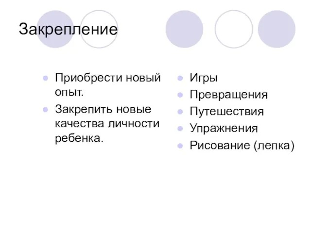 Закрепление Приобрести новый опыт. Закрепить новые качества личности ребенка. Игры Превращения Путешествия Упражнения Рисование (лепка)