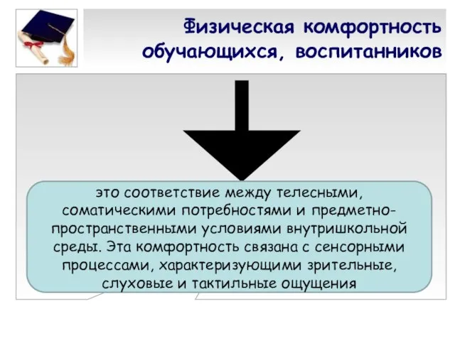 Физическая комфортность обучающихся, воспитанников это соответствие между телесными, соматическими потребностями и предметно-пространственными