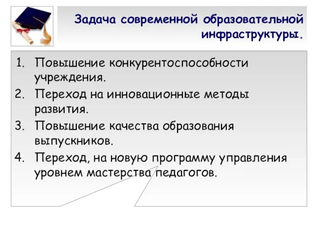 Задача современной образовательной инфраструктуры. Повышение конкурентоспособности учреждения. Переход на инновационные методы развития.