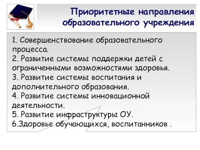 Приоритетные направления образовательного учреждения 1. Совершенствование образовательного процесса. 2. Развитие системы поддержки