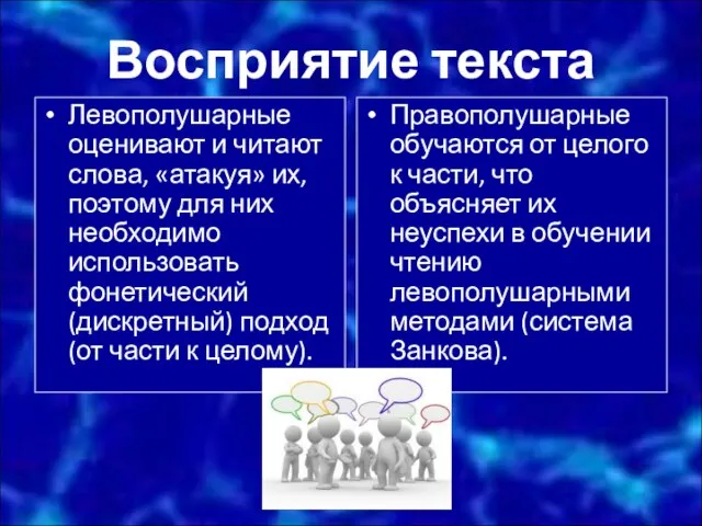 Восприятие текста Левополушарные оценивают и читают слова, «атакуя» их, поэтому для них