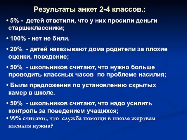 Результаты анкет 2-4 классов.: 5% - детей ответили, что у них просили