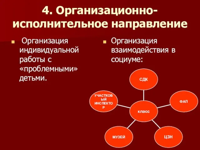 4. Организационно-исполнительное направление Организация индивидуальной работы с «проблемными» детьми. Организация взаимодействия в социуме: