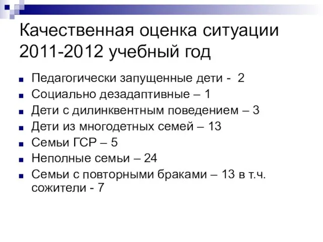 Качественная оценка ситуации 2011-2012 учебный год Педагогически запущенные дети - 2 Социально