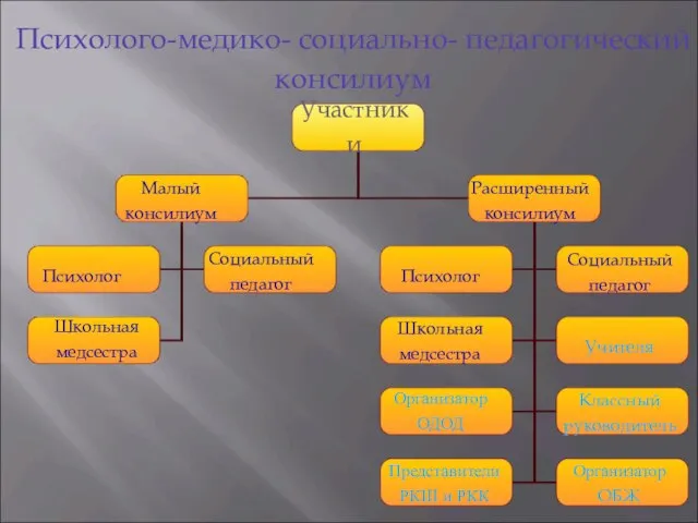 Психолого-медико- социально- педагогический консилиум Участники Малый консилиум Социальный педагог Психолог Школьная медсестра