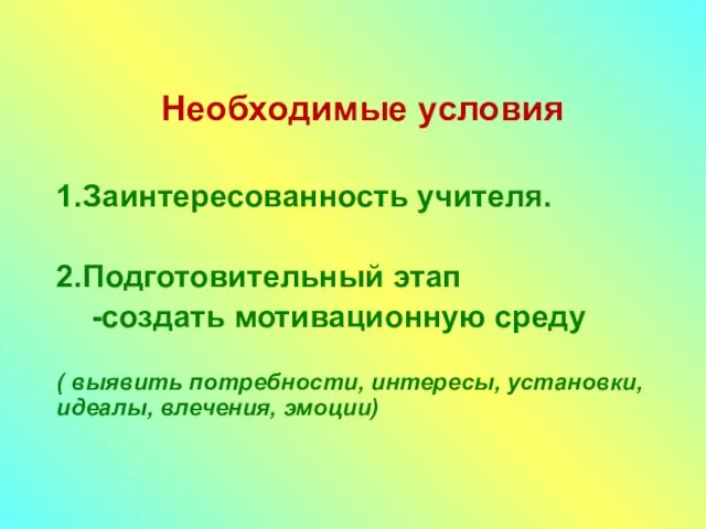 Необходимые условия 1.Заинтересованность учителя. 2.Подготовительный этап -создать мотивационную среду ( выявить потребности,