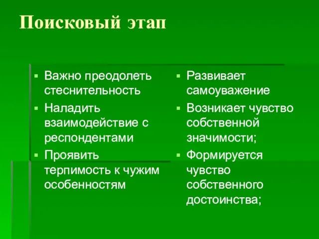 Поисковый этап Развивает самоуважение Возникает чувство собственной значимости; Формируется чувство собственного достоинства;