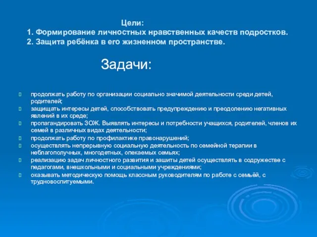 Задачи: продолжать работу по организации социально значимой деятельности среди детей, родителей; защищать