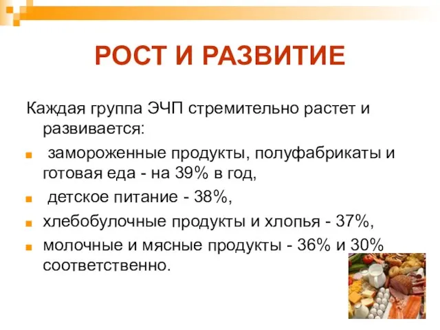 РОСТ И РАЗВИТИЕ Каждая группа ЭЧП стремительно растет и развивается: замороженные продукты,