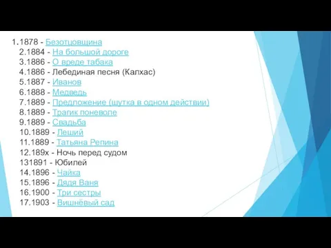 1878 - Безотцовщина 2.1884 - На большой дороге 3.1886 - О вреде