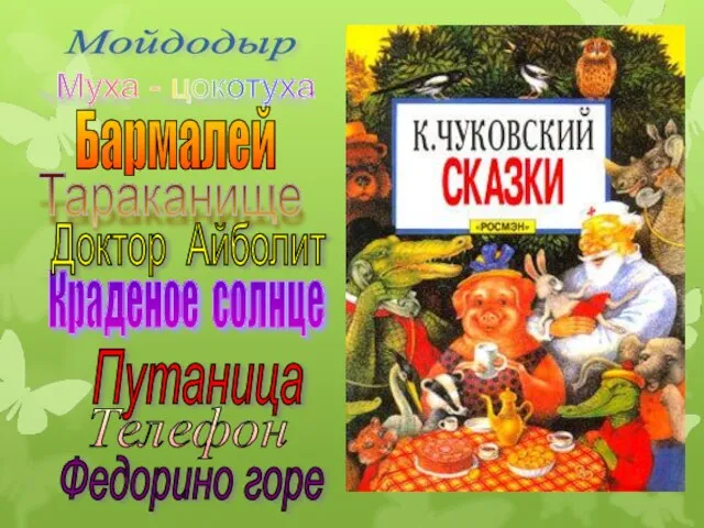 Мойдодыр Муха - цокотуха Краденое солнце Доктор Айболит Тараканище Путаница Бармалей Телефон Федорино горе