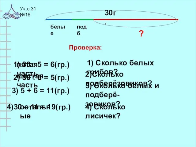 Уч.с.31 №16 белые подб. 30г. ? пятая часть шестая часть остальные 1)