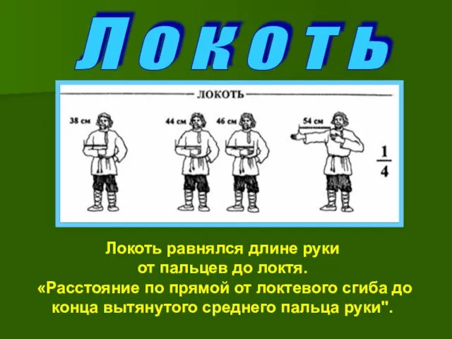 Локоть равнялся длине руки от пальцев до локтя. «Расстояние по прямой от