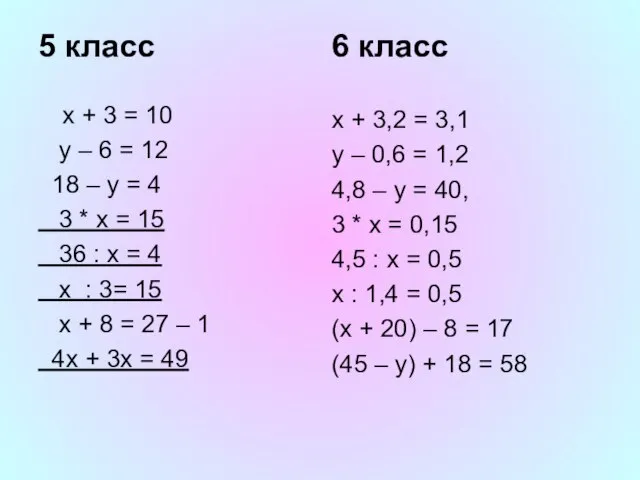 5 класс x + 3 = 10 y – 6 = 12