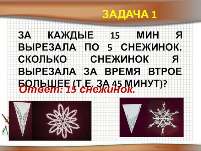 ЗА каждые 15 мин я вырезала по 5 снежинок. Сколько снежинок я