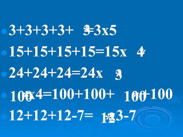 3+3+3+3+ =3x5 15+15+15+15=15x 24+24+24=24x x4=100+100+ +100 12+12+12-7= x3-7 3 * * 4