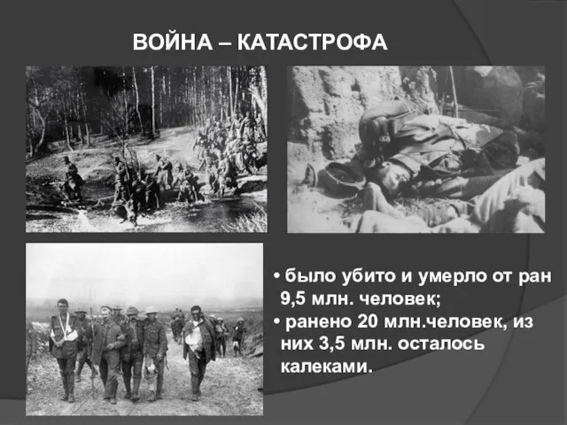 ВОЙНА – КАТАСТРОФА было убито и умерло от ран 9,5 млн. человек;