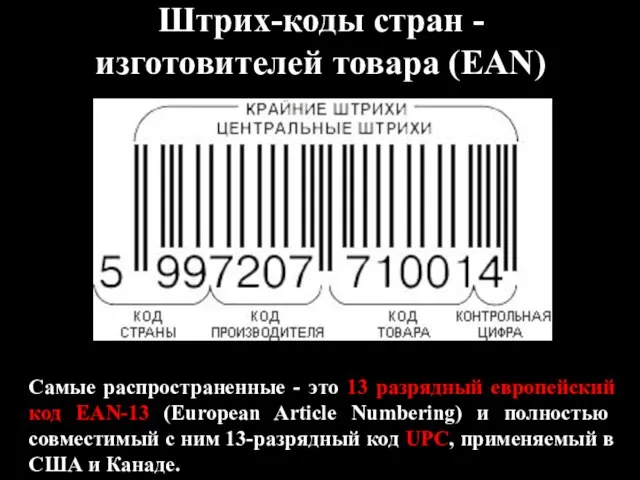 Штрих-коды стран - изготовителей товара (EAN) Самые распространенные - это 13 разрядный