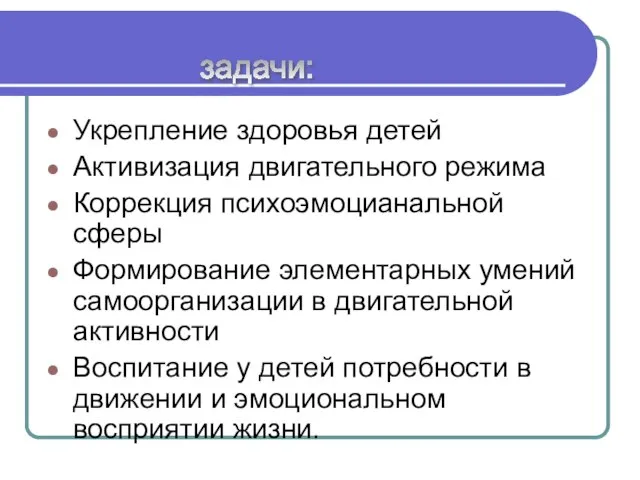 Укрепление здоровья детей Активизация двигательного режима Коррекция психоэмоцианальной сферы Формирование элементарных умений