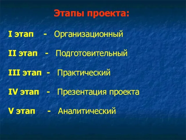 Этапы проекта: I этап - Организационный II этап - Подготовительный III этап