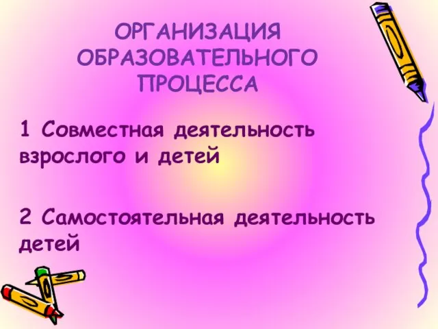 ОРГАНИЗАЦИЯ ОБРАЗОВАТЕЛЬНОГО ПРОЦЕССА 1 Совместная деятельность взрослого и детей 2 Самостоятельная деятельность детей