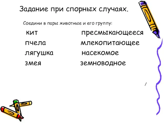 Задание при спорных случаях. Соедини в пары животные и его группу: кит