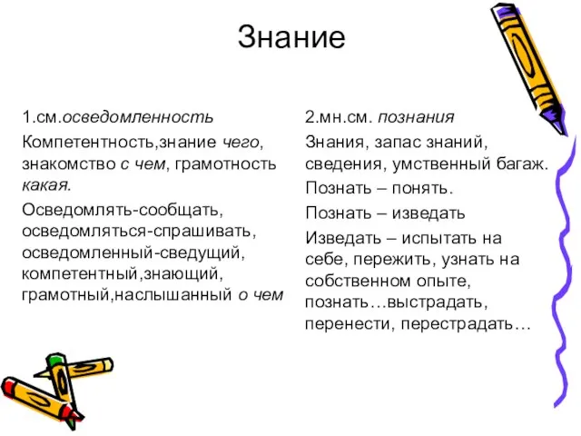 Знание 1.см.осведомленность Компетентность,знание чего, знакомство с чем, грамотность какая. Осведомлять-сообщать,осведомляться-спрашивать,осведомленный-сведущий,компетентный,знающий,грамотный,наслышанный о чем