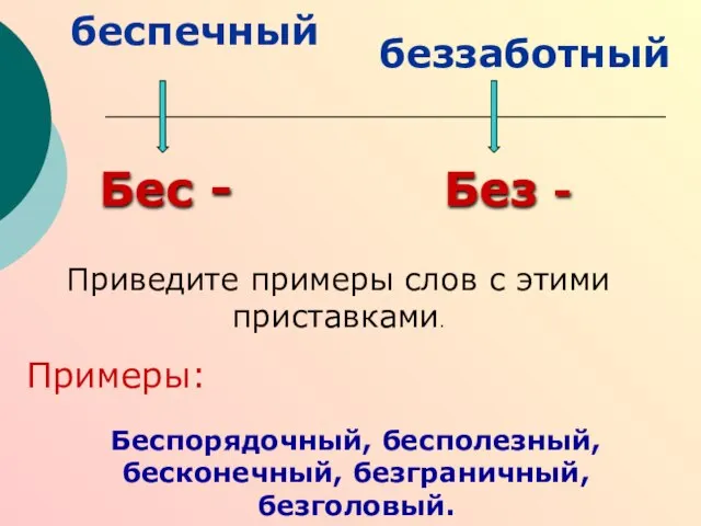 Бес - беспечный беззаботный Без - Приведите примеры слов с этими приставками.