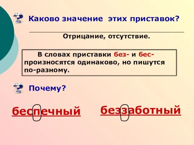 Каково значение этих приставок? Отрицание, отсутствие. беспечный беззаботный В словах приставки без-