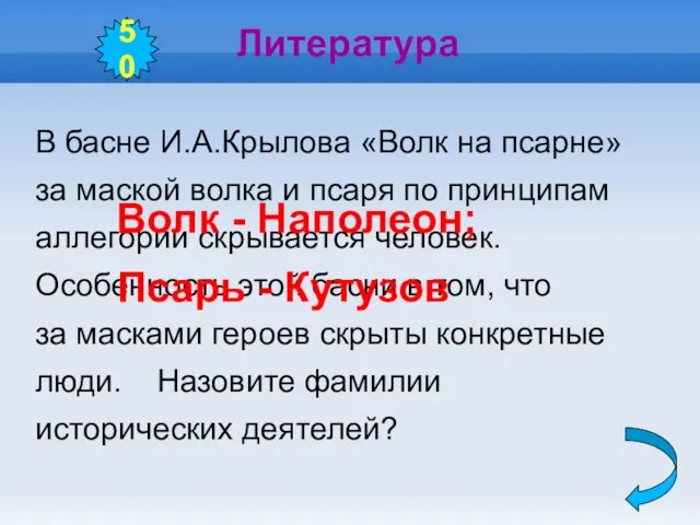 Литература В басне И.А.Крылова «Волк на псарне» за маской волка и псаря