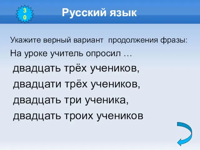 Русский язык Укажите верный вариант продолжения фразы: На уроке учитель опросил …