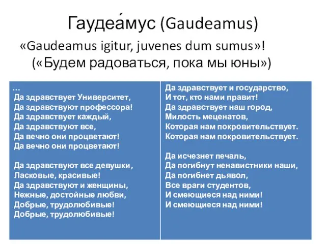 Гаудеа́мус (Gaudeamus) «Gaudeamus igitur, juvenes dum sumus»! («Будем радоваться, пока мы юны»)