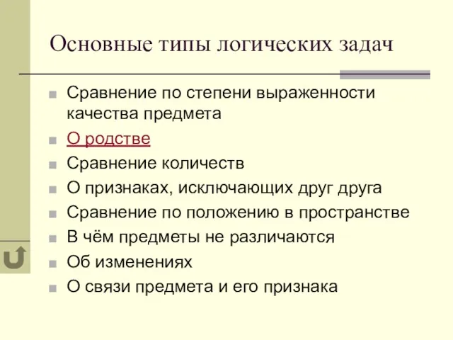 Основные типы логических задач Сравнение по степени выраженности качества предмета О родстве