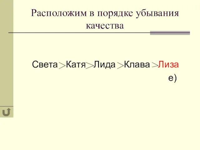 Расположим в порядке убывания качества Света Катя Лида Клава Лиза е)