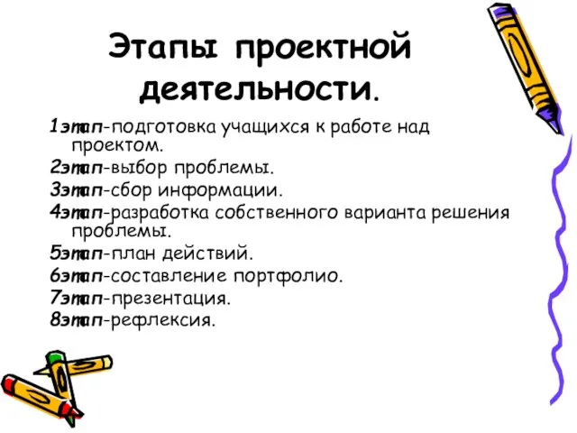 Этапы проектной деятельности. 1этап-подготовка учащихся к работе над проектом. 2этап-выбор проблемы. 3этап-сбор