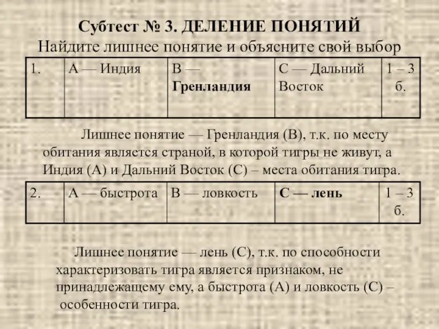 Субтест № 3. ДЕЛЕНИЕ ПОНЯТИЙ Найдите лишнее понятие и объясните свой выбор