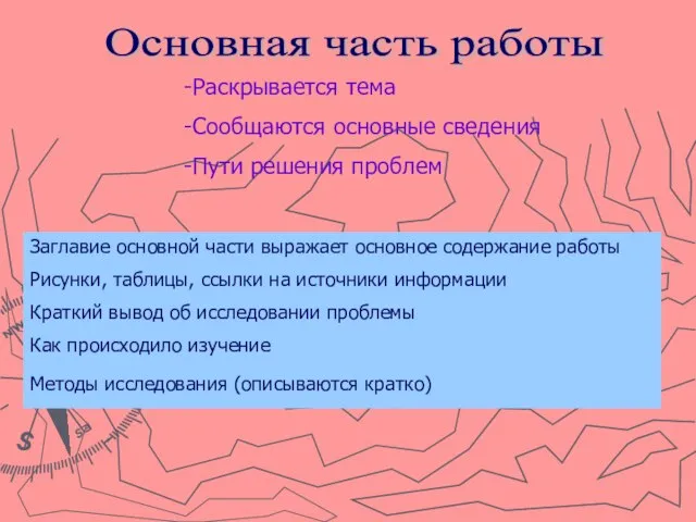 Основная часть работы Раскрывается тема Сообщаются основные сведения Пути решения проблем Заглавие