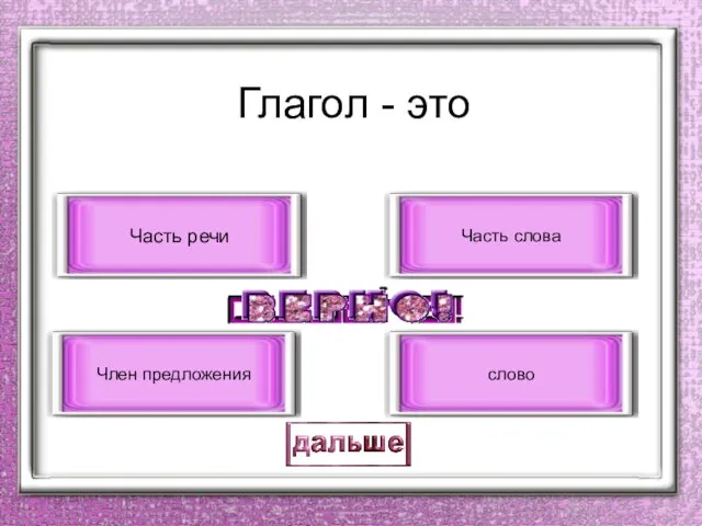 Глагол - это Часть речи Член предложения Часть слова слово