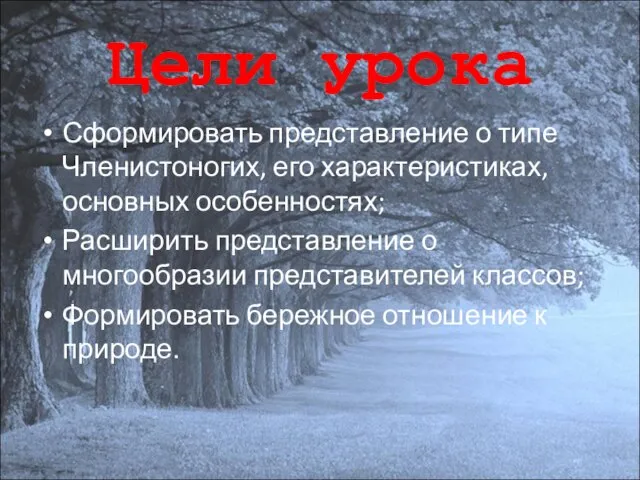 Цели урока Сформировать представление о типе Членистоногих, его характеристиках, основных особенностях; Расширить