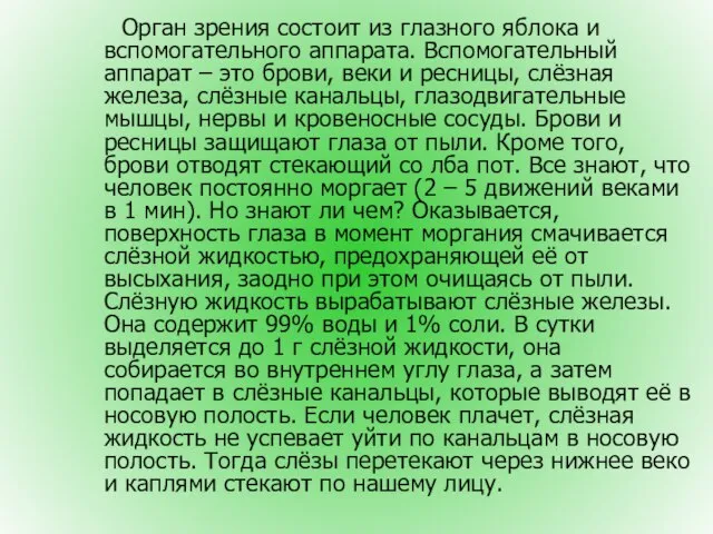 Орган зрения состоит из глазного яблока и вспомогательного аппарата. Вспомогательный аппарат –