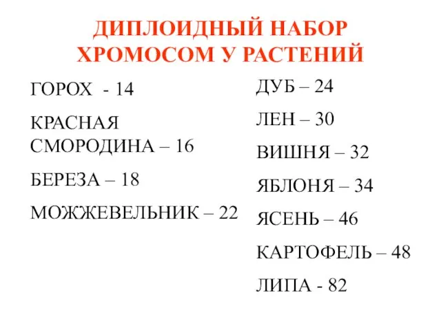 ДИПЛОИДНЫЙ НАБОР ХРОМОСОМ У РАСТЕНИЙ ГОРОХ - 14 КРАСНАЯ СМОРОДИНА – 16