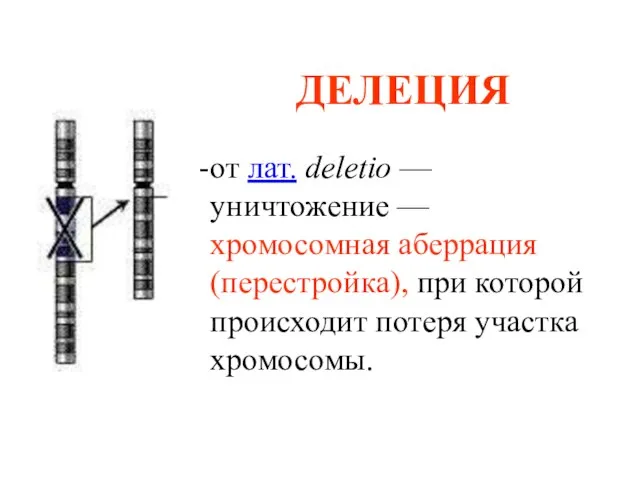 ДЕЛЕЦИЯ от лат. deletio — уничтожение — хромосомная аберрация (перестройка), при которой происходит потеря участка хромосомы.