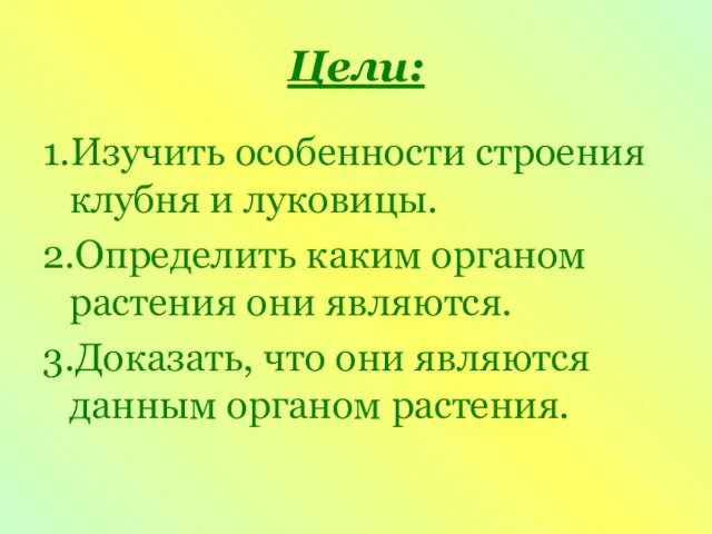 Цели: 1.Изучить особенности строения клубня и луковицы. 2.Определить каким органом растения они