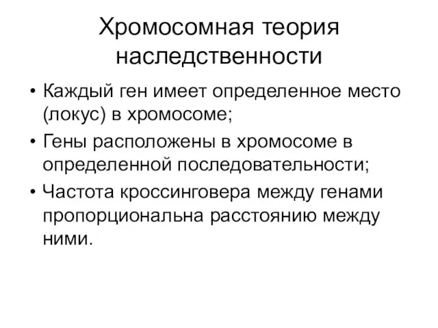 Хромосомная теория наследственности Каждый ген имеет определенное место (локус) в хромосоме; Гены