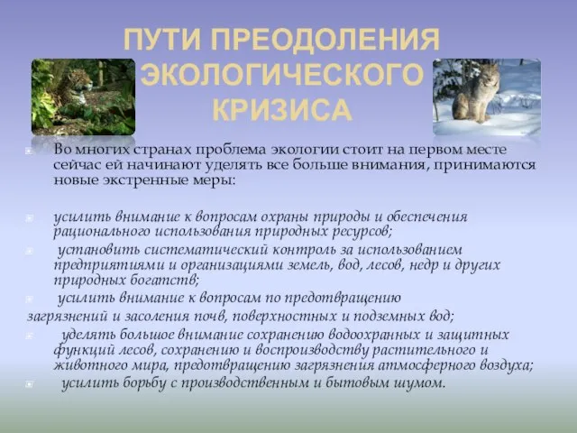 ПУТИ ПРЕОДОЛЕНИЯ ЭКОЛОГИЧЕСКОГО КРИЗИСА Во многих странах проблема экологии стоит на первом