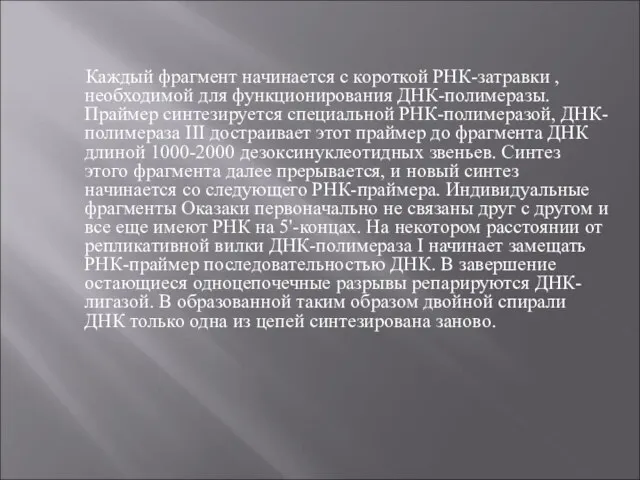 Каждый фрагмент начинается с короткой РНК-затравки , необходимой для функционирования ДНК-полимеразы. Праймер