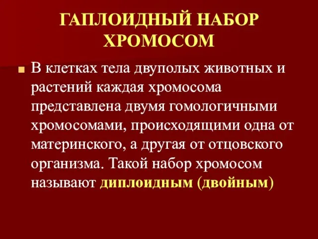 ГАПЛОИДНЫЙ НАБОР ХРОМОСОМ В клетках тела двуполых животных и растений каждая хромосома